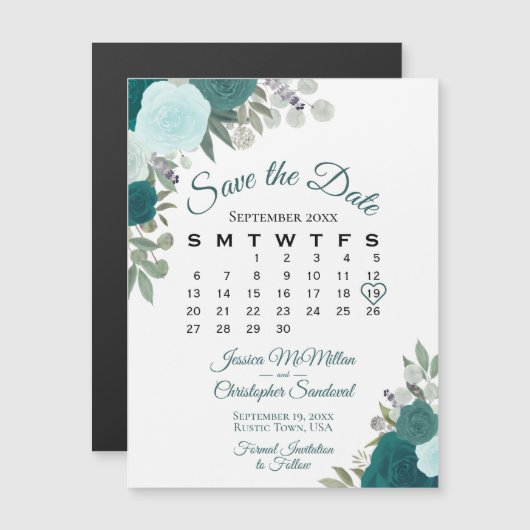 Carte Magnétique Rustique Turquoise Floral Enregistrer le calendrie (Devant / Derrière)