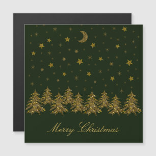 Carte Magnétique Sapin de Noël doré scintillant, lune, étoiles sur