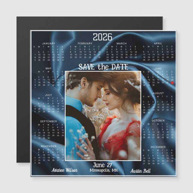 Carte Magnétique Sapphire Luxury Satin Save the Date Engaged Couple (Devant / Derrière)