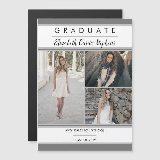 Carte Magnétique Simple Classé Trois Photo Gris |Diplôme blanc (Devant / Derrière)