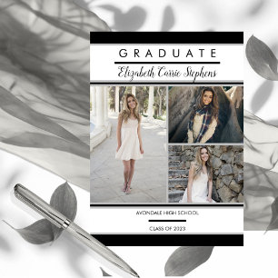 Carte Magnétique Simple Classy Trois Photo Noir Diplôme blanc