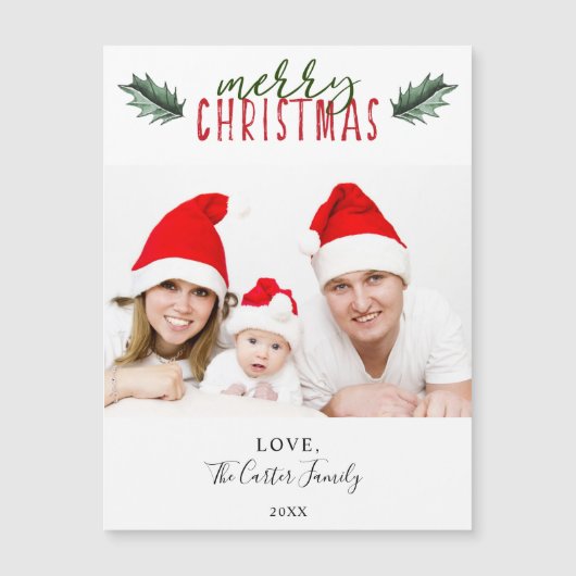 Carte Magnétique Simple moderne Joyeux Noël Holly aquarelle (Devant)