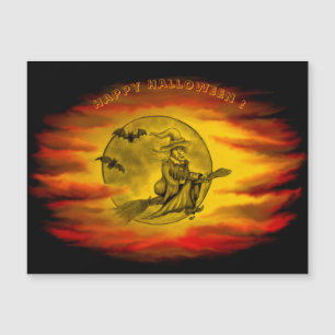 Carte Magnétique Sorcière volante avec chat noir, nuit halloween