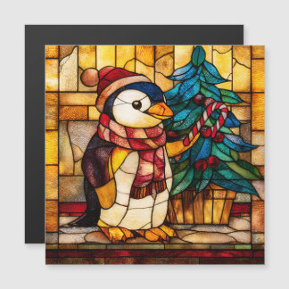 Carte Magnétique Stained Glass Christmas Penguin