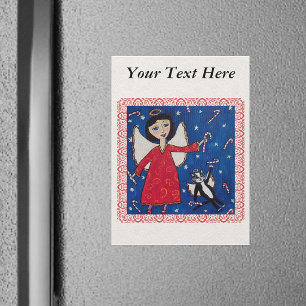 Carte Magnétique Sucre de canne Ange Chat Noël Folk Art