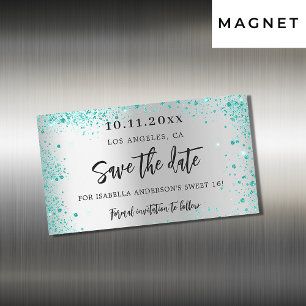 Carte Magnétique Sweet 16 argent turquoise vert enregistrer la date