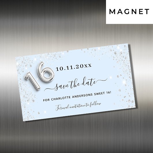 Carte Magnétique Sweet 16 bébé bleu argent enregistrer la date aima