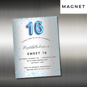 Carte Magnétique Sweet 16 parties scintillant bleu argent aimant in