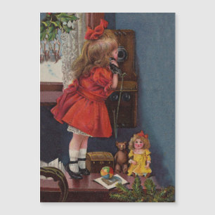 Carte Magnétique Téléphone Antique de Petite Fille de Noël