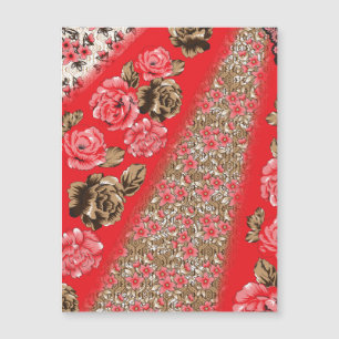 Carte Magnétique Tissu rouge éclatant avec floral complexe et
