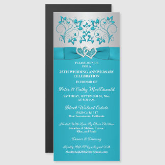 Carte Magnétique Turquoise, Silver Floral 25th Anniversary
