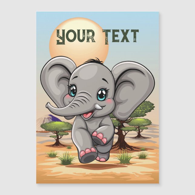 Carte Magnétique Un bébé éléphant qui sonne heureux dans la savane  (Devant)