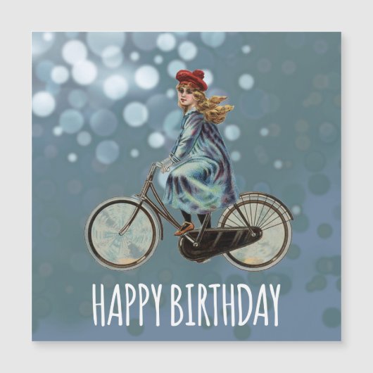 Carte Magnétique Vintage fille à vélo - Anniversaire (Devant)