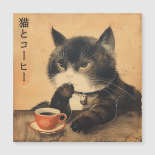 Carte Magnétique Vintage Japon art chat mignon avec une tasse de ca