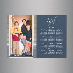 Carte Magnétique Votre Photo 2026 Calendrier Monogramme Nom Marine 