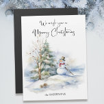 Carte Magnétique Watercolor Snowman et Joyeux voeux de Noël<br><div class="desc">Chaud bonhomme de neige souriant avec pin et décoré arbre nu.</div>