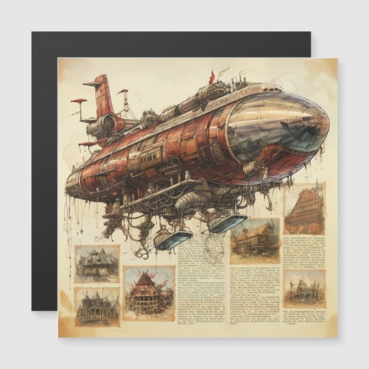 Carte Magnétique Zeppelin Steampunk vintage (11) (Devant / Derrière)