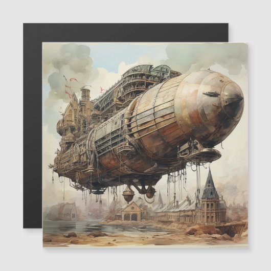 Carte Magnétique Zeppelin Steampunk vintage (2) (Devant / Derrière)