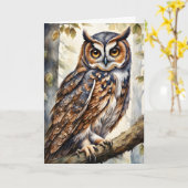 Carte Magnifique hibou en bois sur des feuilles de branc (Fleur jaune)
