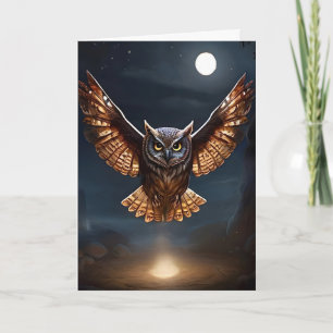 Carte Magnifique hibou volant la nuit sur fond de feu