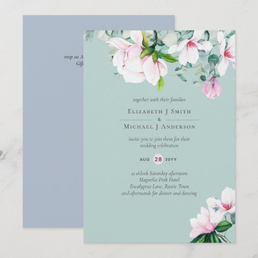 Carte Magnolias rose Sage Eucalyptus Dusty Mariage bleu (Devant / Derrière)