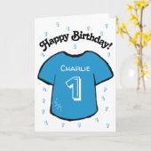 Carte maillot de football bleu 1er anniversaire du garço (Fleur jaune)