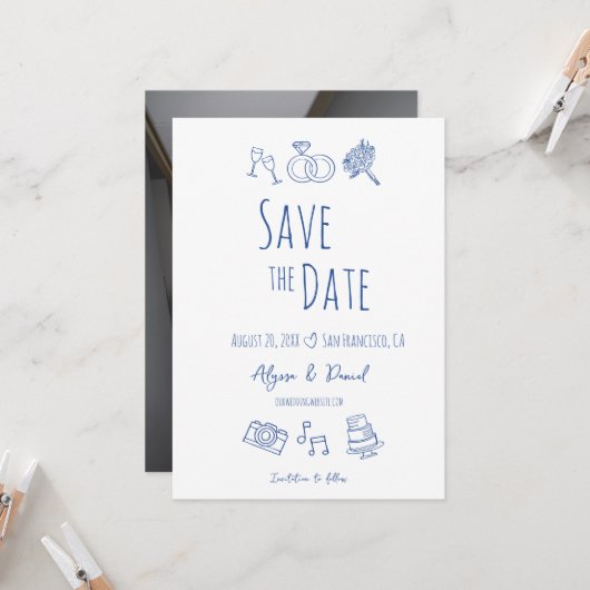 Carte Main Whimsical dessinée Minimal bleu blanc photo (Devant/Arrière en situation)