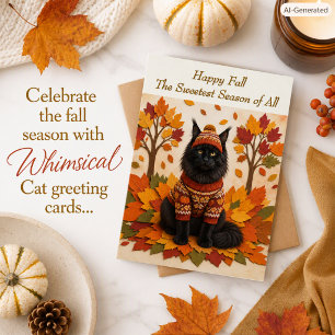 Carte Maine Coon Chat Mignon Feuilles d'Automne Famille