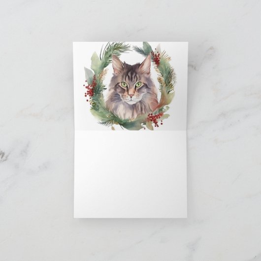 Carte Maine Coon Chat Noël Wreath Festive Kitten (Intérieur)