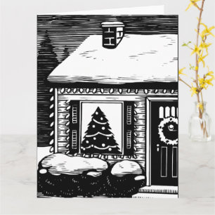 Carte Maison de Noël Arbre dans la fenêtre Noir et blanc