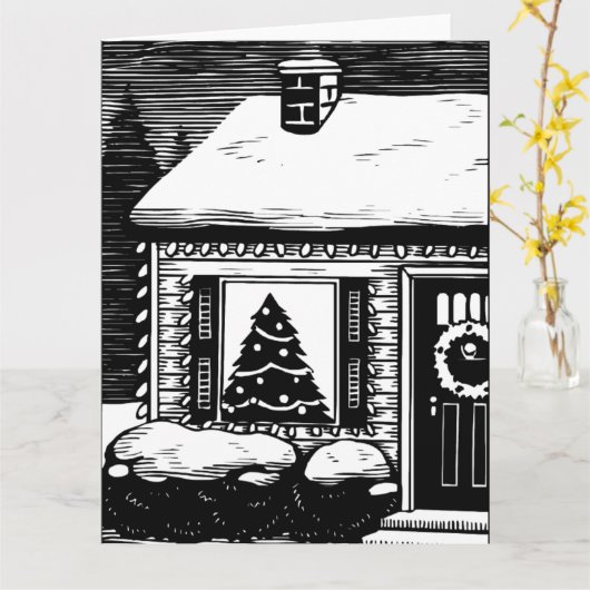 Carte Maison de Noël Arbre dans la fenêtre Noir et blanc (Fleur jaune)