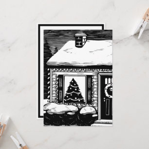 Carte Maison de Noël Arbre dans la fenêtre Noir et blanc