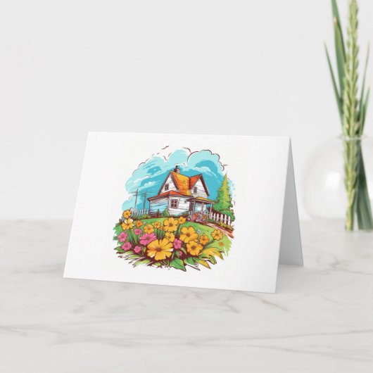 Carte Maison de Ranch avec Fleurs d'Été Note Vierge (Devant)
