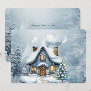 Carte Maison de scène hivernale enneigée de Noël bleue