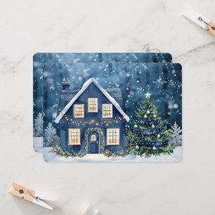 Carte Maison de scène hivernale enneigée de Noël bleue
