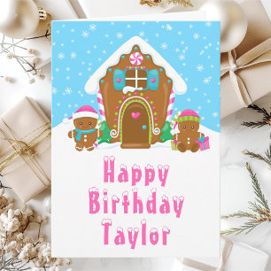 Carte Maison en pain d'épices rose et bleu Joyeux annive