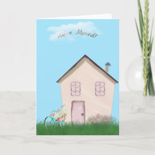 Carte maison rose avec vélo et chat pour la nouvelle mai