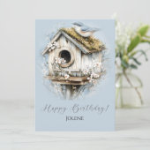 Carte Maisonnette pour oiseaux patinée et Joyeux Anniver (Debout devant)
