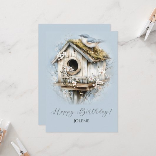Carte Maisonnette pour oiseaux patinée et Joyeux Anniver (Devant/Arrière en situation)