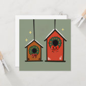 Carte Maisons de Noël pour oiseaux – Conception minimale (Devant/Arrière en situation)