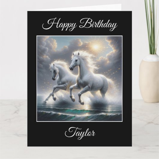 Carte Majestic Glitterie Chevaux blancs Paysage marin (Devant)