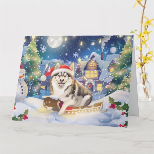 Carte Malamute d'Alaska à Sleigh neige Noël (Fleur jaune)