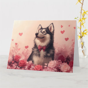Carte Malamute d'Alaska avec Rose - Saint-Valentin