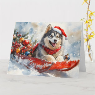 Carte Malamute d'Alaska en traîneau Laissez neige Noël