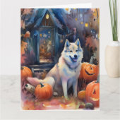 Carte Malamute d'Alaska Halloween avec des citrouilles é (Devant)
