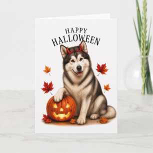 Carte Malamute d'Alaska Halloween Diable Chien