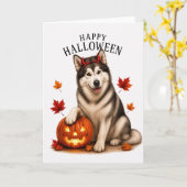 Carte Malamute d'Alaska Halloween Diable Chien (Fleur jaune)