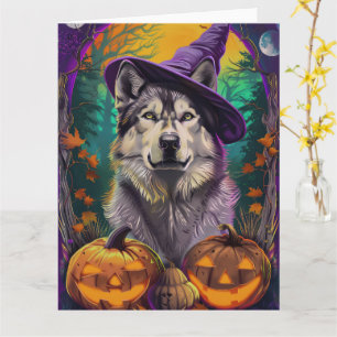 Carte Malamute d'Alaska Halloween Sorcière et Citrouill