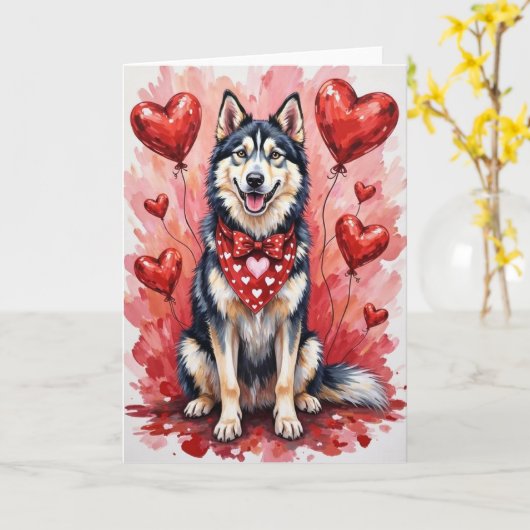 Carte Malamute d'Alaska pour la Saint-Valentin avec des (Fleur jaune)