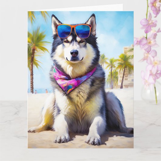 Carte Malamute d'Alaska sur la plage, cadeau d'été (Orchidée)